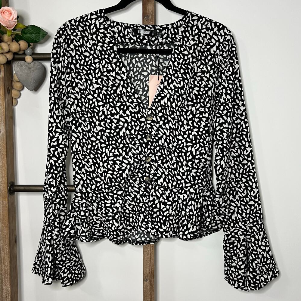 Missguided NWT‎ Long Sleeve Peplum Black White Blouse Size 10